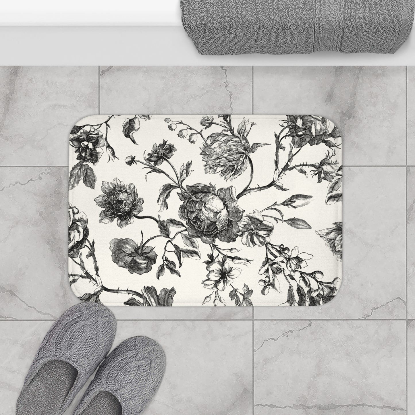 Elegant Floral Bellport Bath Mat | Vintage Black & White Design | Cozy Bathroom Decor