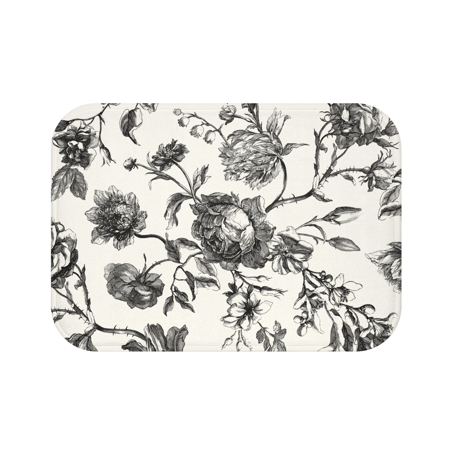 Elegant Floral Bellport Bath Mat | Vintage Black & White Design | Cozy Bathroom Decor