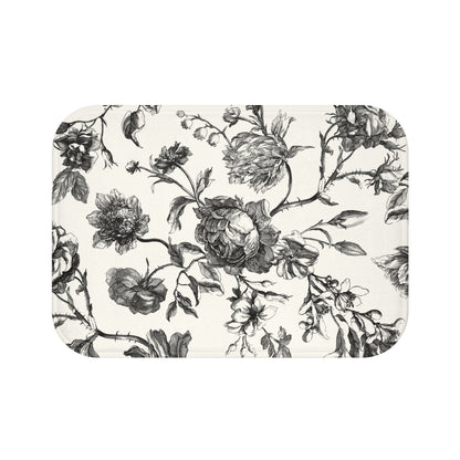 Elegant Floral Bellport Bath Mat | Vintage Black & White Design | Cozy Bathroom Decor