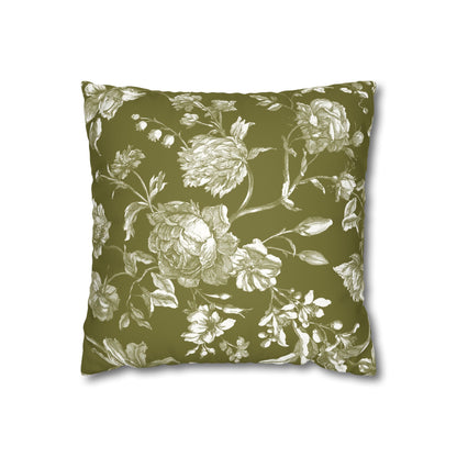 Olive Vintage Floral Faux Suede Pillowcase - Cozy Green Home Decor