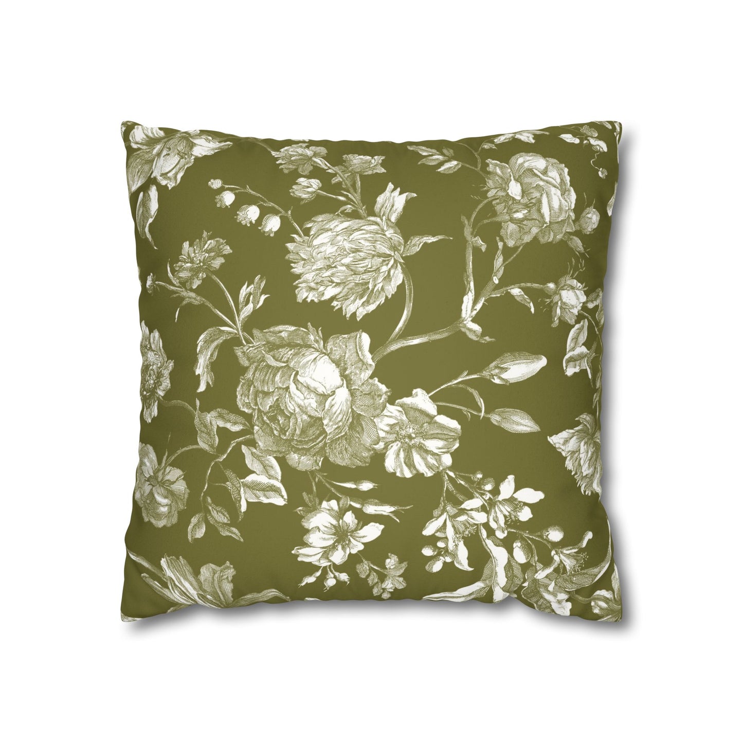 Olive Vintage Floral Faux Suede Pillowcase - Cozy Green Home Decor