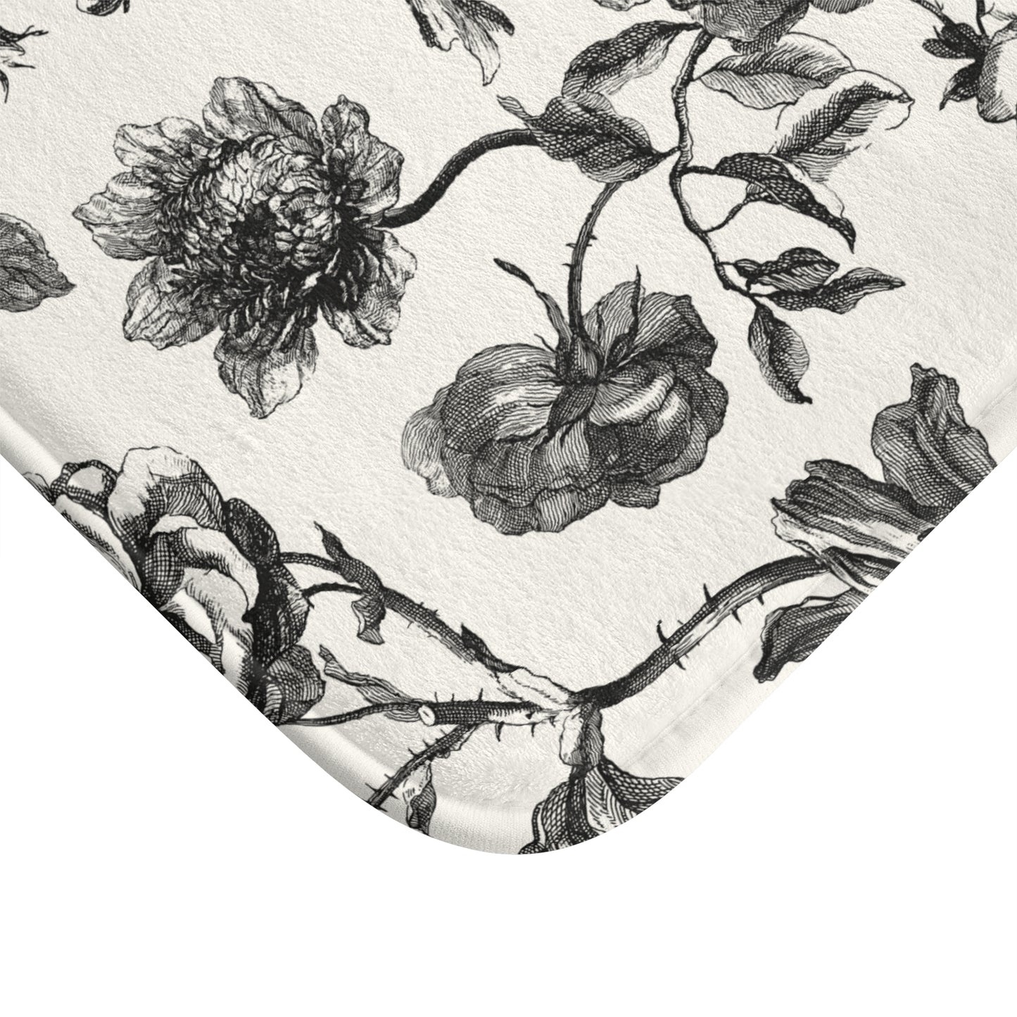Elegant Floral Bellport Bath Mat | Vintage Black & White Design | Cozy Bathroom Decor