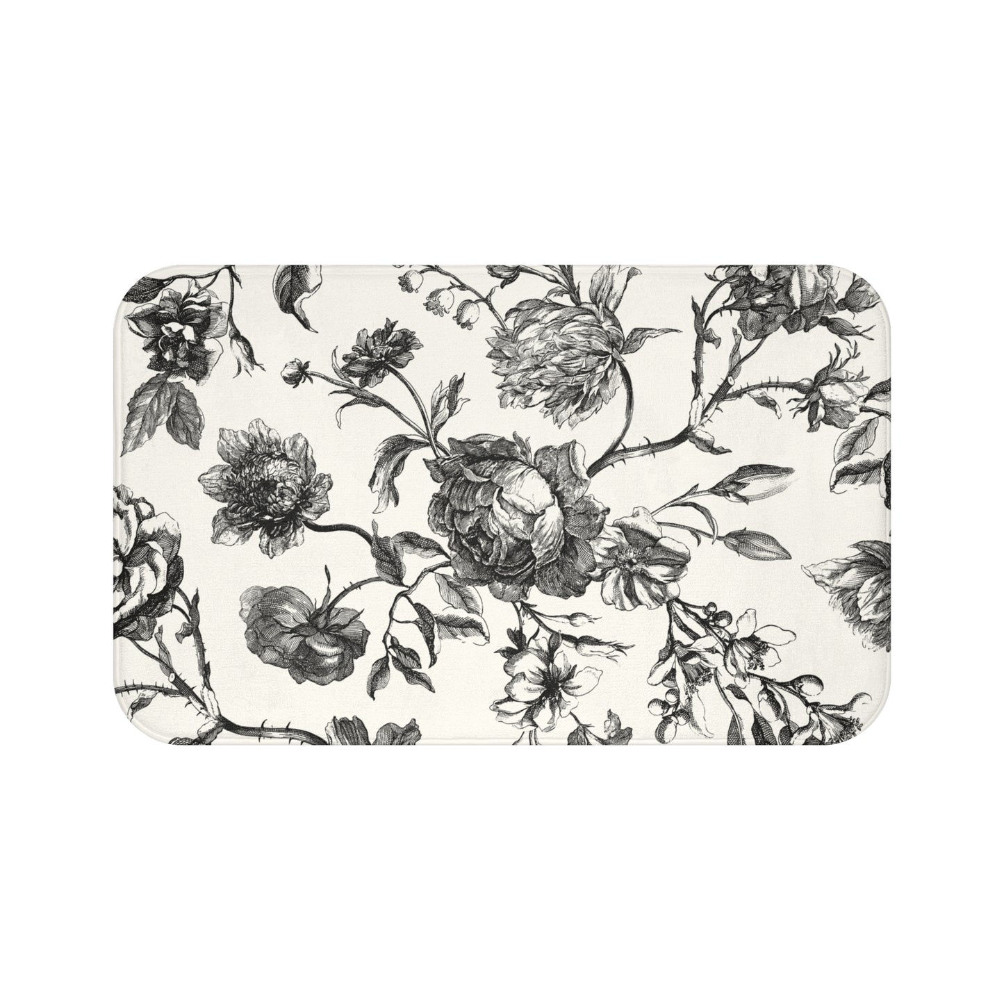 Elegant Floral Bellport Bath Mat | Vintage Black & White Design | Cozy Bathroom Decor