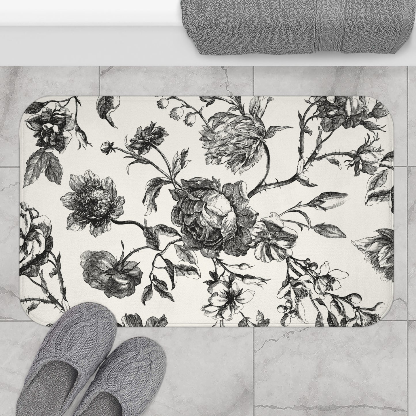 Elegant Floral Bellport Bath Mat | Vintage Black & White Design | Cozy Bathroom Decor