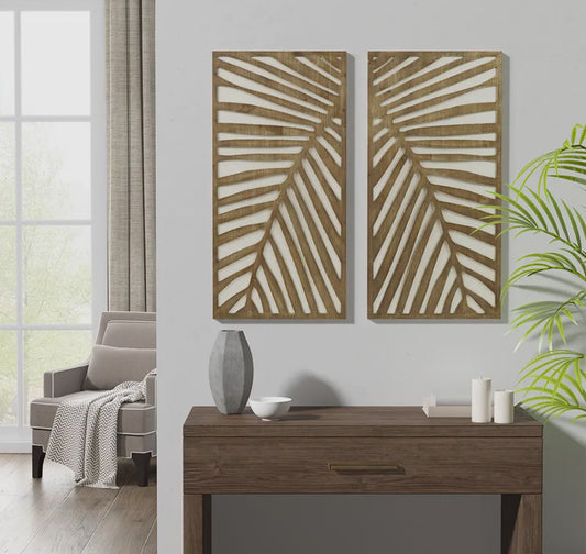 Carved Palm Leaves Tropical 2 Piece Wood Wall Art