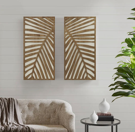 Carved Palm Leaves Tropical 2 Piece Wood Wall Art