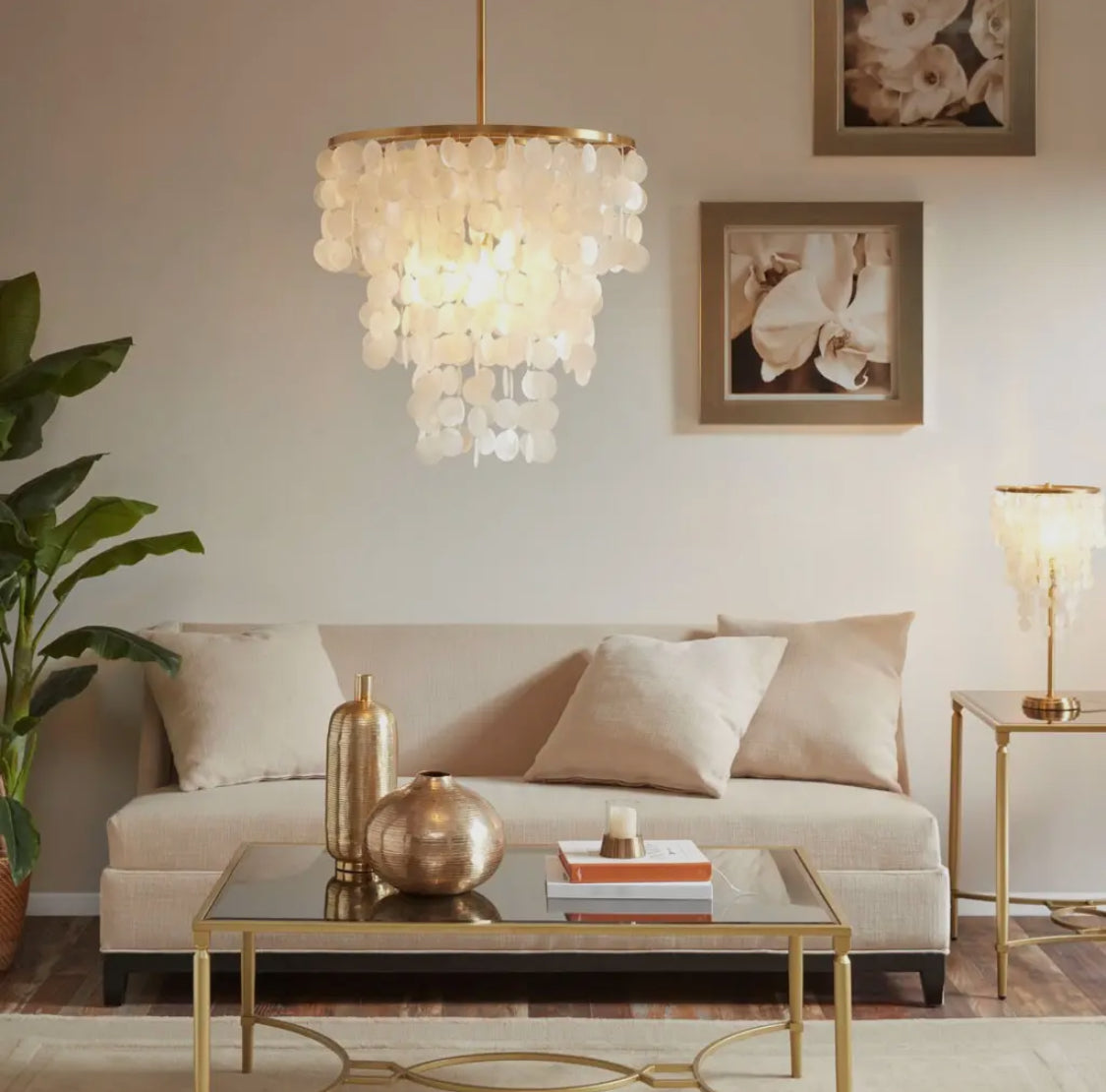 Elegant Light Shell Drape Chandelier with a gold base