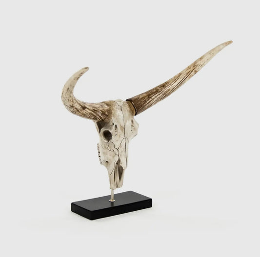 Bull Skull With Base — Distressed White and Brown