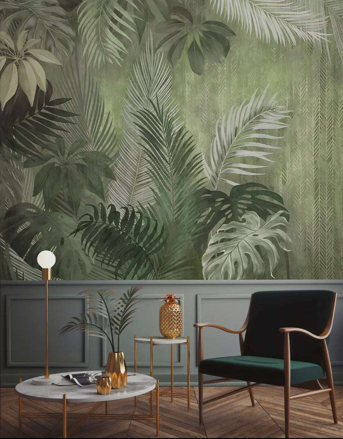 Tropical Monochrome Exotic Leaves Wallpaper — W55" x H35" / Peel and stick Vinyl