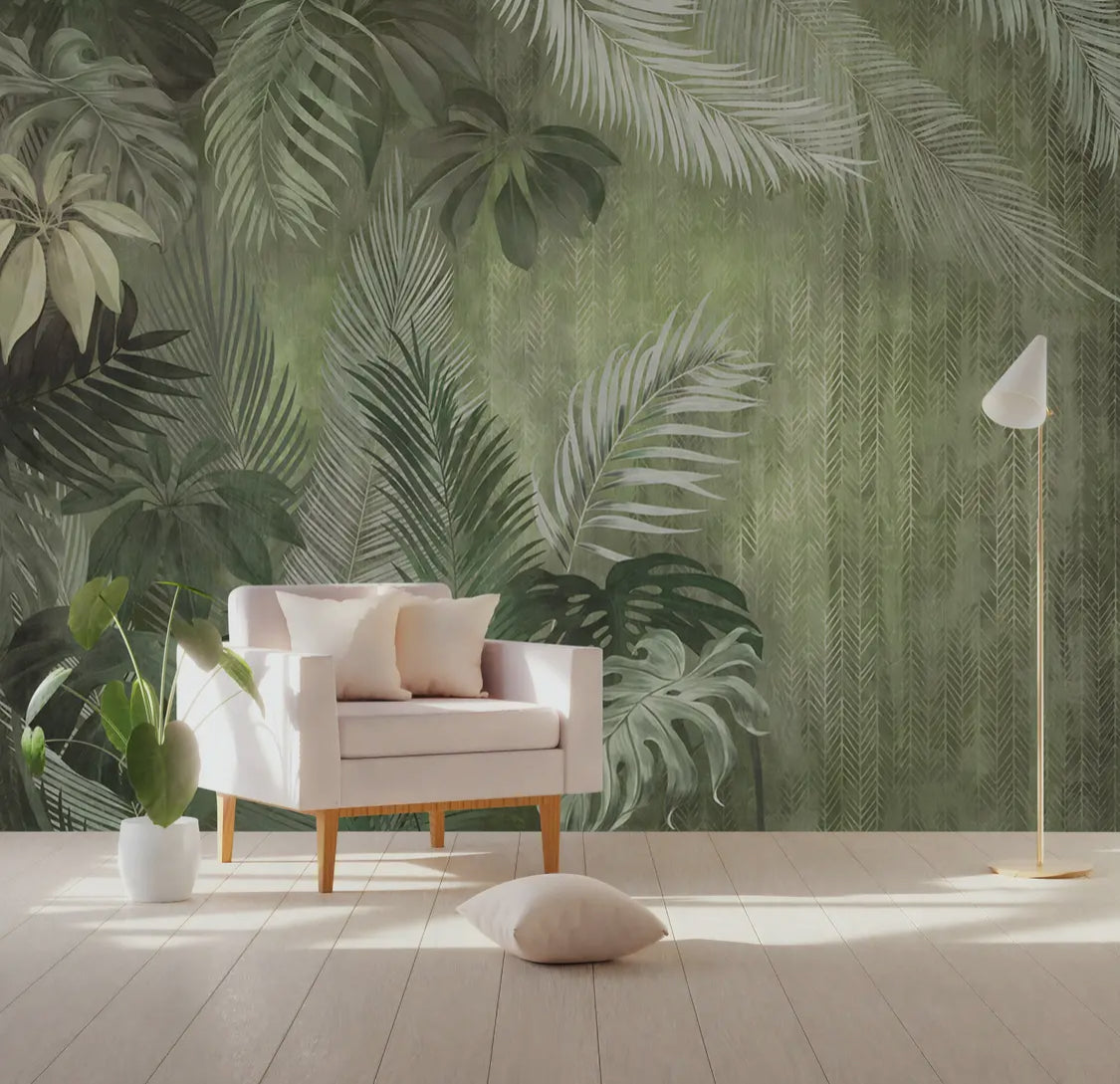 Tropical Monochrome Exotic Leaves Wallpaper — W55" x H35" / Peel and stick Vinyl