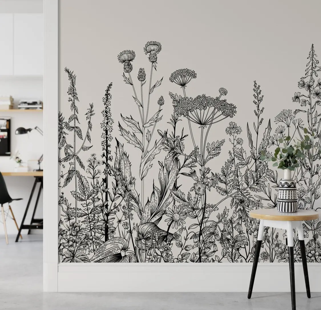 Garden Plants Flowers In Black Hand Drawing Wallpaper — Sample / Peel and stick Vinyl