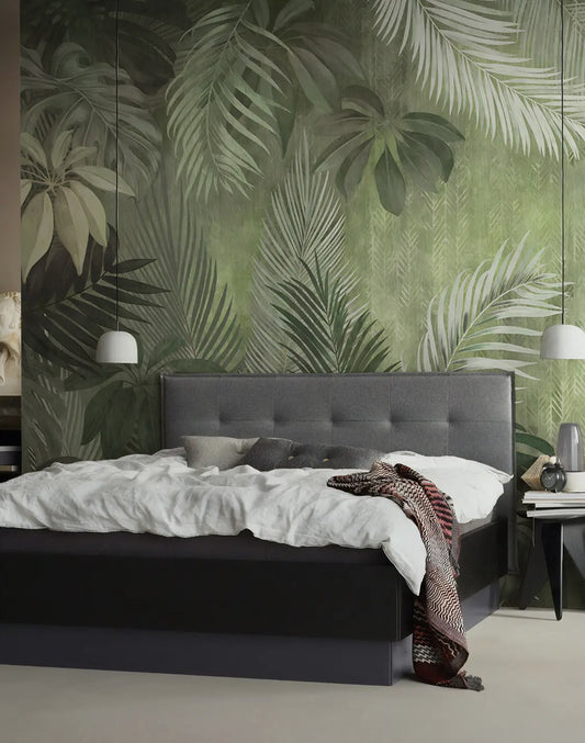 Tropical Monochrome Exotic Leaves Wallpaper — W55" x H35" / Peel and stick Vinyl