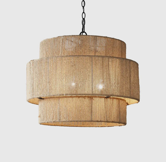 Double Drum Abaca Chandelier — Hemp and iron / 18" W x 18"D x 16" H