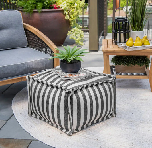 Porto Stripe Indoor/Outdoor Filled Ottoman Pouf — Gray