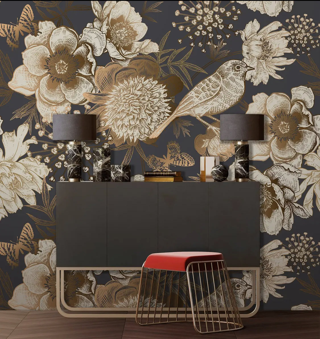 Gold Peony Flowers with Bird and Butterfly Wallpaper — Sample / Non Pasted Textile