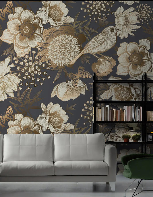 Gold Peony Flowers with Bird and Butterfly Wallpaper — Sample / Non Pasted Textile