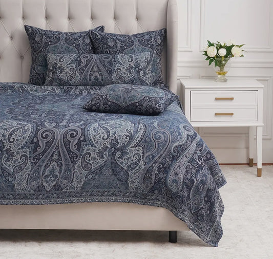 Navy Blue Paisley Luxury Bed Coverlet